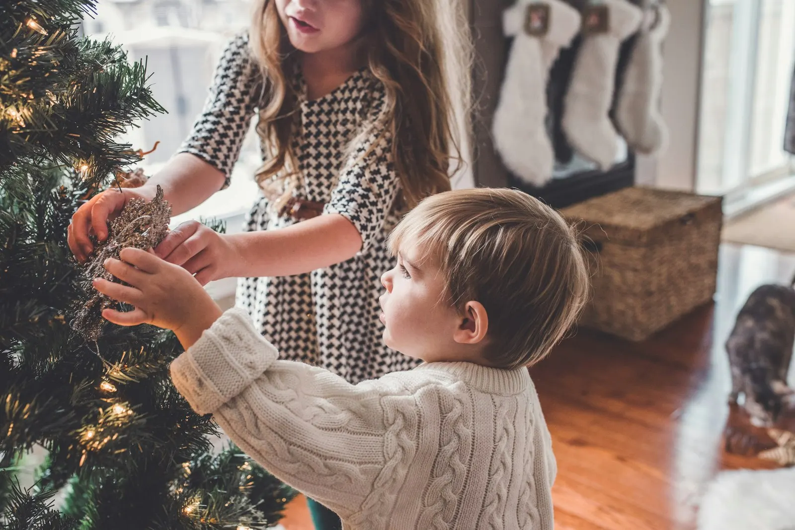 Dos niños colocando adornos en el árbol de Navidad del salón