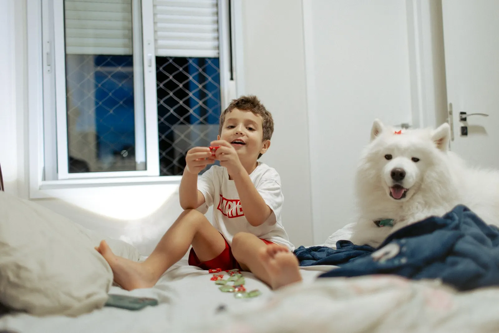 Un niño sentado en una cama junto a un perro grande de pelo blanco